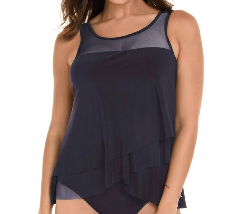 Mirage Mesh Inset Underwire Tankini Top In Midnight Blue Comfortable Swim Dress