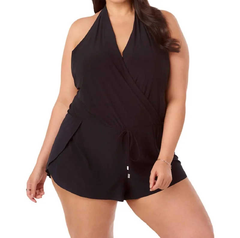 Plus Size Bianca Swim Romper One Piece Swimsuit In Black Strap Bikini Set