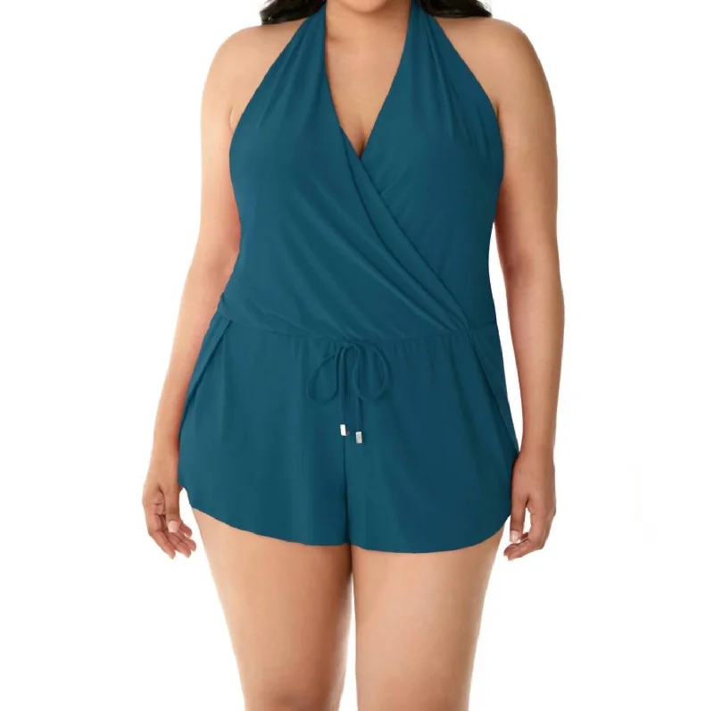 Plus Size Bianca Swim Romper One Piece Swimsuit In Blue Adjustable Swim Top